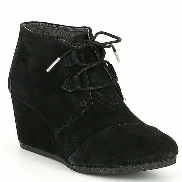 Toms Black Kala Lace-Up Suede Ankle Wedge Heeled Booties - Picture 1 of 8
